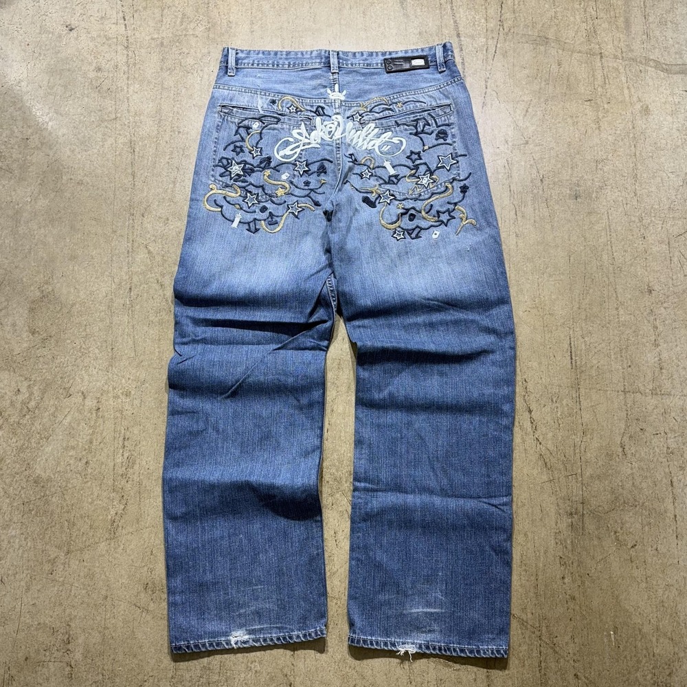 Ecko Unltd Jeans Mens 36x30 Blue Baggy Fit Wide Leg Embroidered Graphic Denim